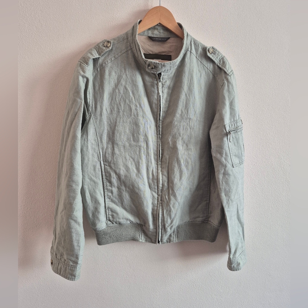 Zara Man Linen Cotton Military Bomber Jacket Sage Green Men's M